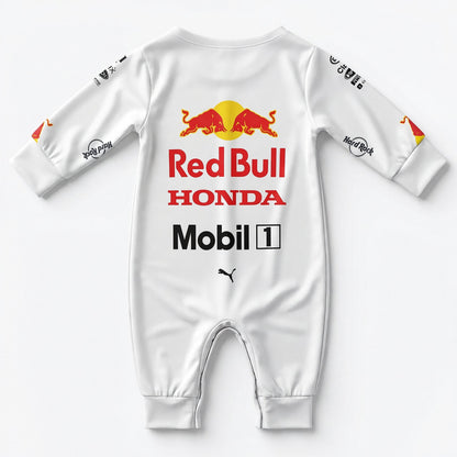 Red Bull Honda F1 baby onesie jumpsuit back view flat lay with Mobil 1 and Hard Rock logos