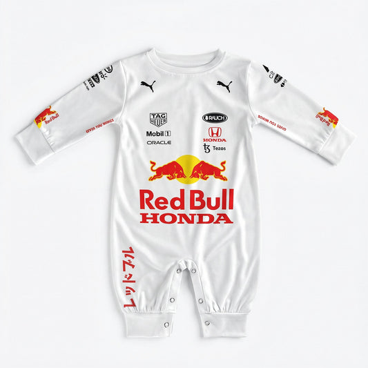 Red Bull Honda F1 baby onesie jumpsuit front view flat lay with team logo and sponsors