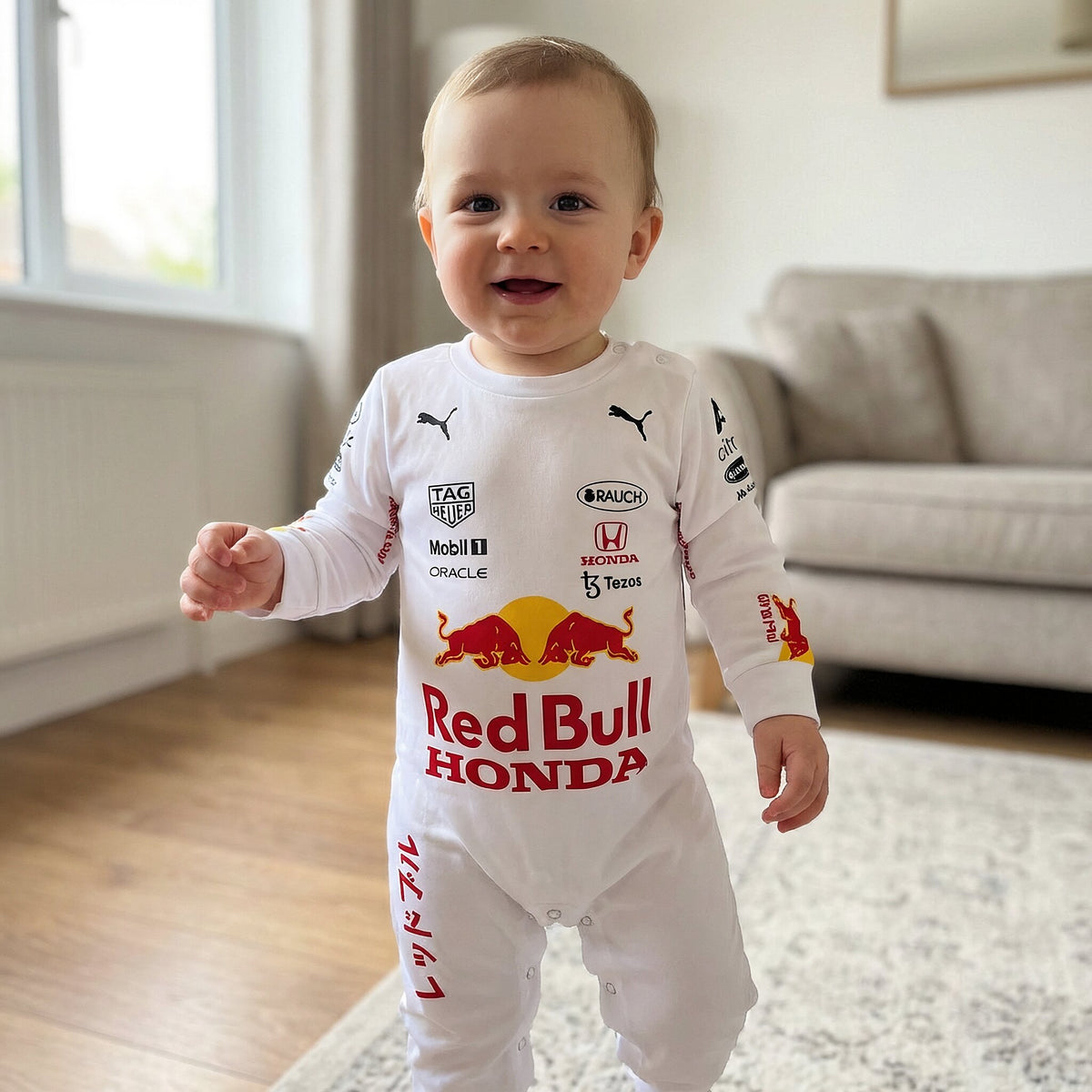 Baby in living room wearing Red Bull Honda F1 racing onesie jumpsuit with sponsor logos smiling