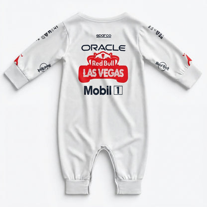 Red Bull Las Vegas F1 baby onesie back flat lay with Las Vegas logo and Mobil 1 print