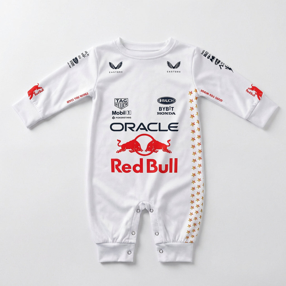 Red Bull Las Vegas F1 baby onesie front flat lay with Oracle logo and sponsor prints