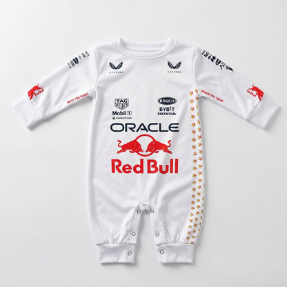 Red Bull Las Vegas F1 baby onesie front flat lay with Oracle logo and sponsor prints