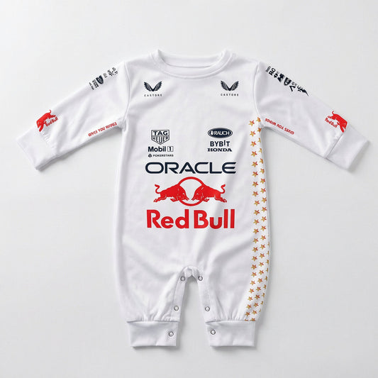 Red Bull Las Vegas F1 baby onesie front flat lay with Oracle logo and sponsor prints