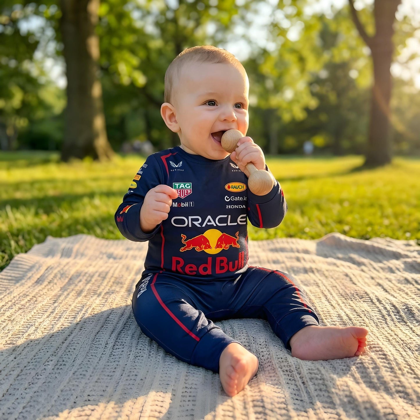 baby wearing Red Bull Racing onesie outdoors