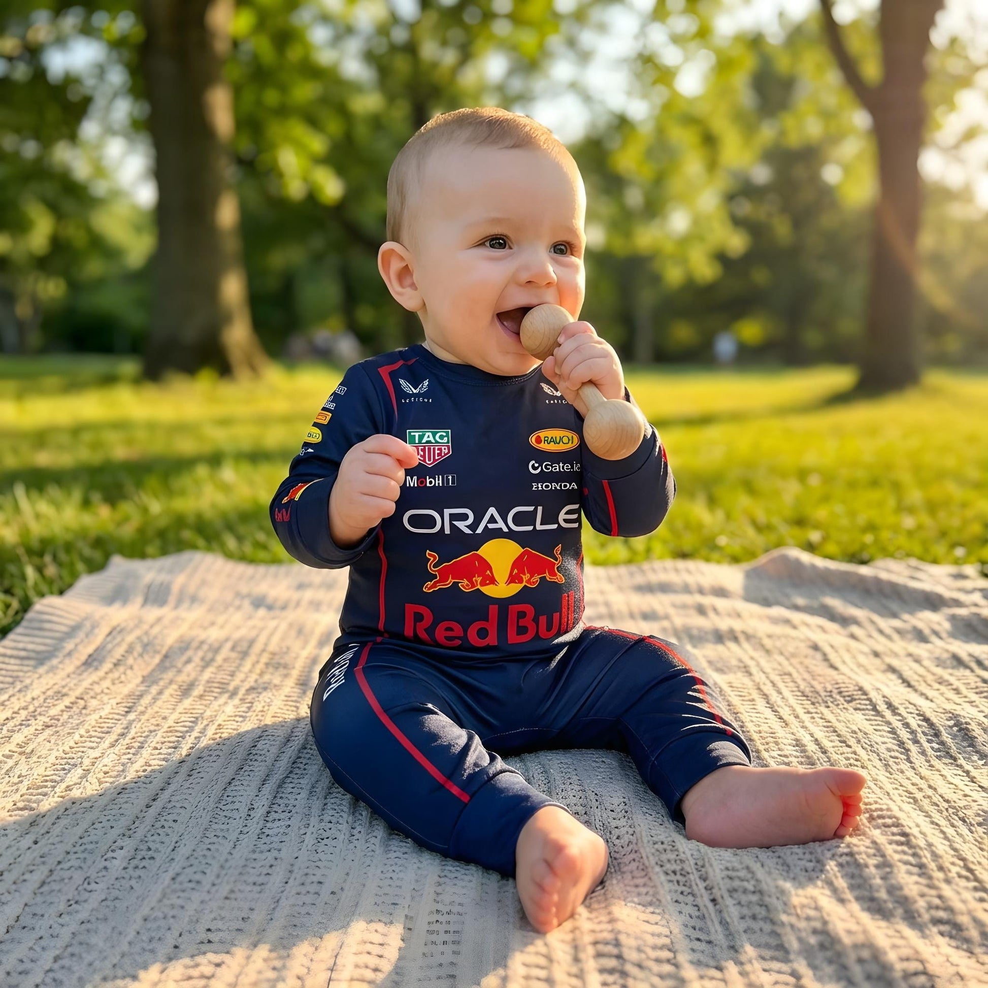 baby wearing Red Bull Racing onesie outdoors