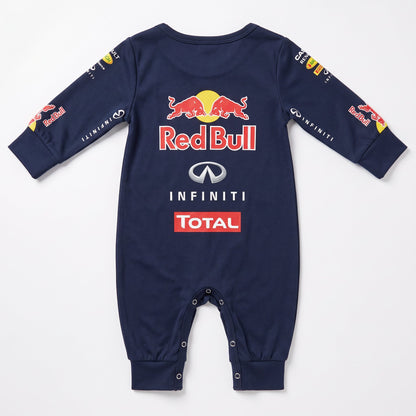 Red Bull Vettel era baby onesie jumpsuit back view navy with bulls Infiniti Total logos and snap buttons