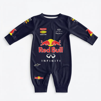 Red Bull Vettel era baby onesie jumpsuit front view navy with racing bulls and Infiniti sponsor logos
