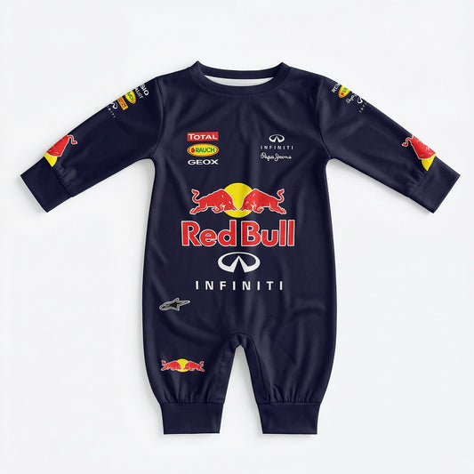 Red Bull Vettel era baby onesie jumpsuit front view navy with racing bulls and Infiniti sponsor logos