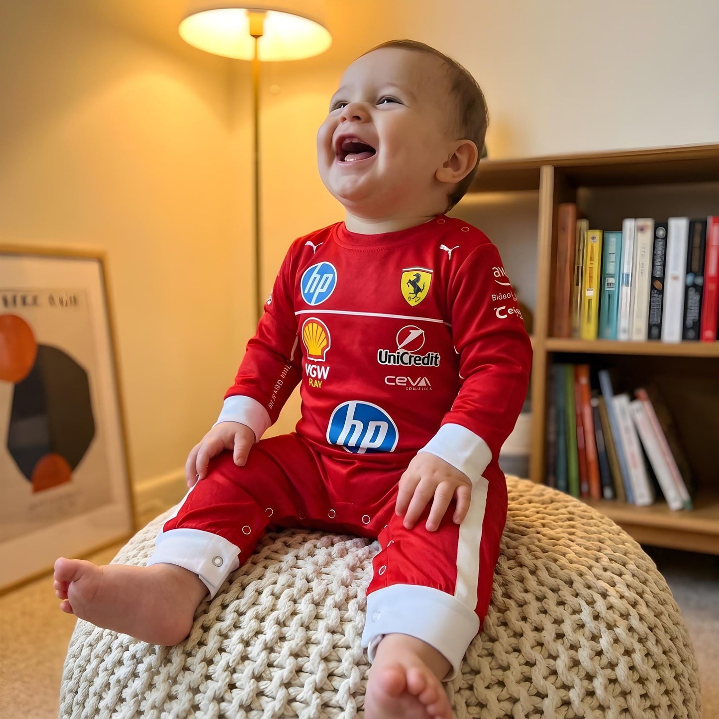 happy baby wearing a scuderia ferrari baby onesie jumpsuit