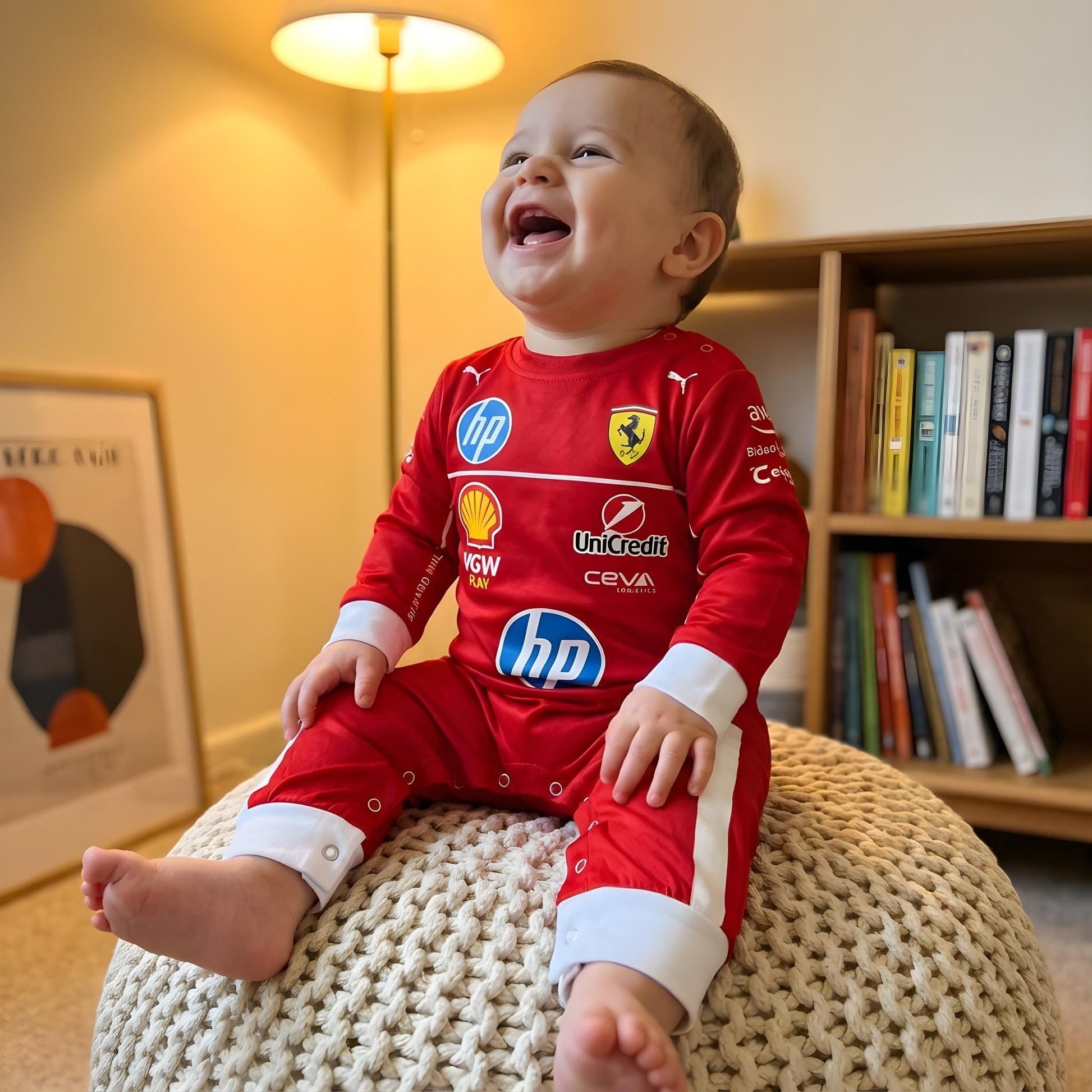 happy baby wearing a scuderia ferrari baby onesie jumpsuit