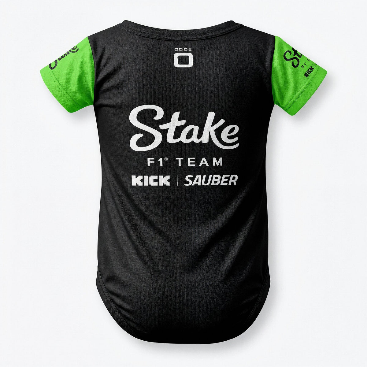 Stake F1 Team Kick Sauber baby bodysuit back view with team name on black and green sleeves