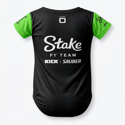 Stake F1 Team Kick Sauber baby bodysuit back view with team name on black and green sleeves