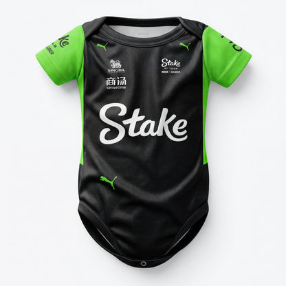 Stake F1 Team Kick Sauber baby bodysuit front view black green with sponsor logos