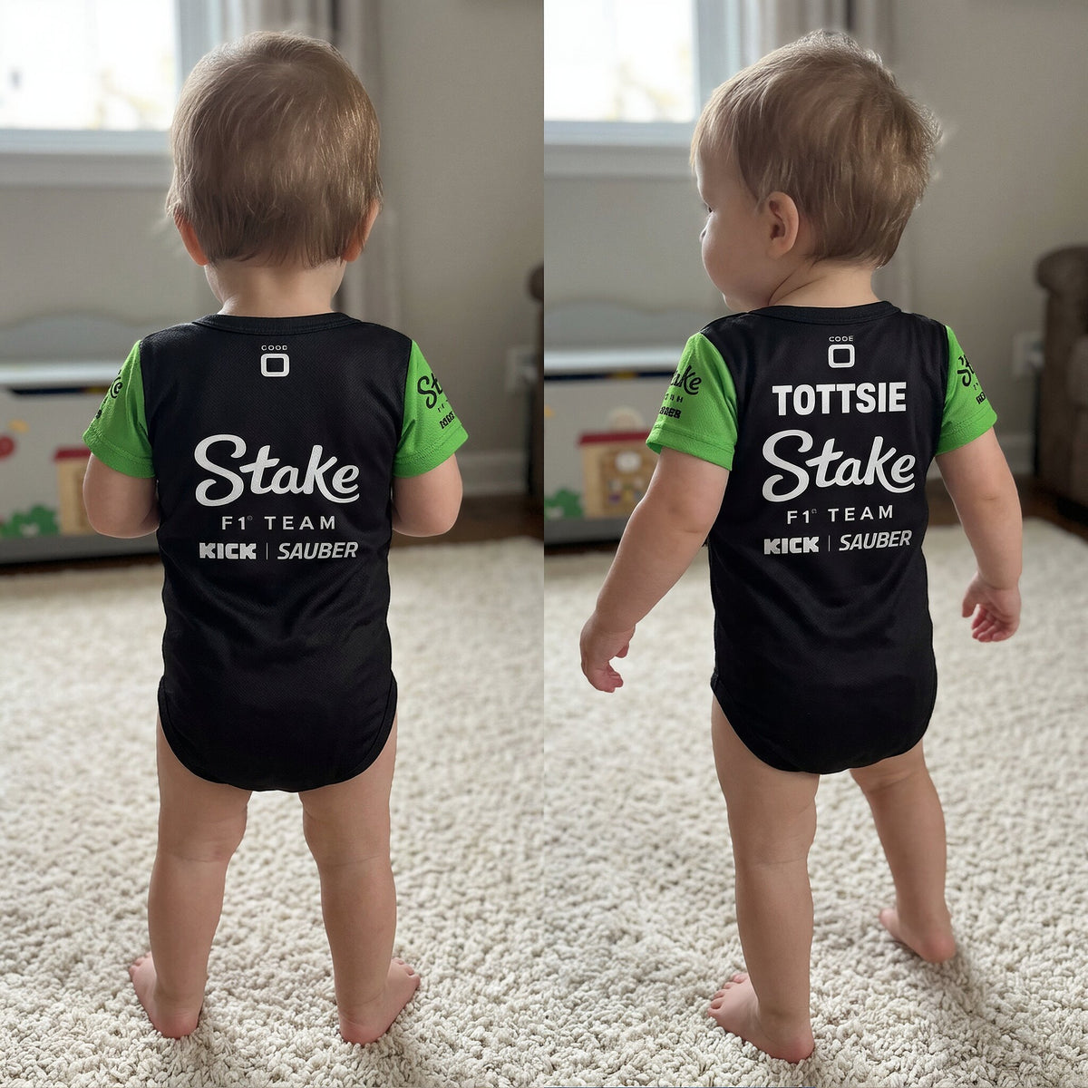 toddler from behind wearing Stake F1 baby bodysuit - standard vs personalized name version side by side