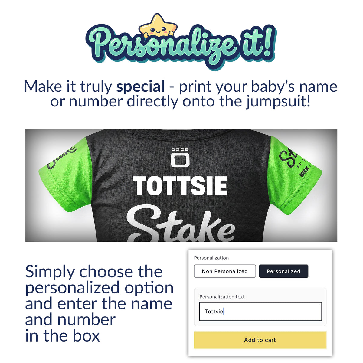 Stake F1 Kick Sauber baby bodysuit personalization guide showing name printing option and how to order