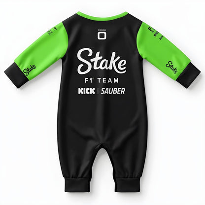 Stake Kick 2025 baby jumpsuit onesie back view with Stake F1 Team Kick Sauber logo black and green