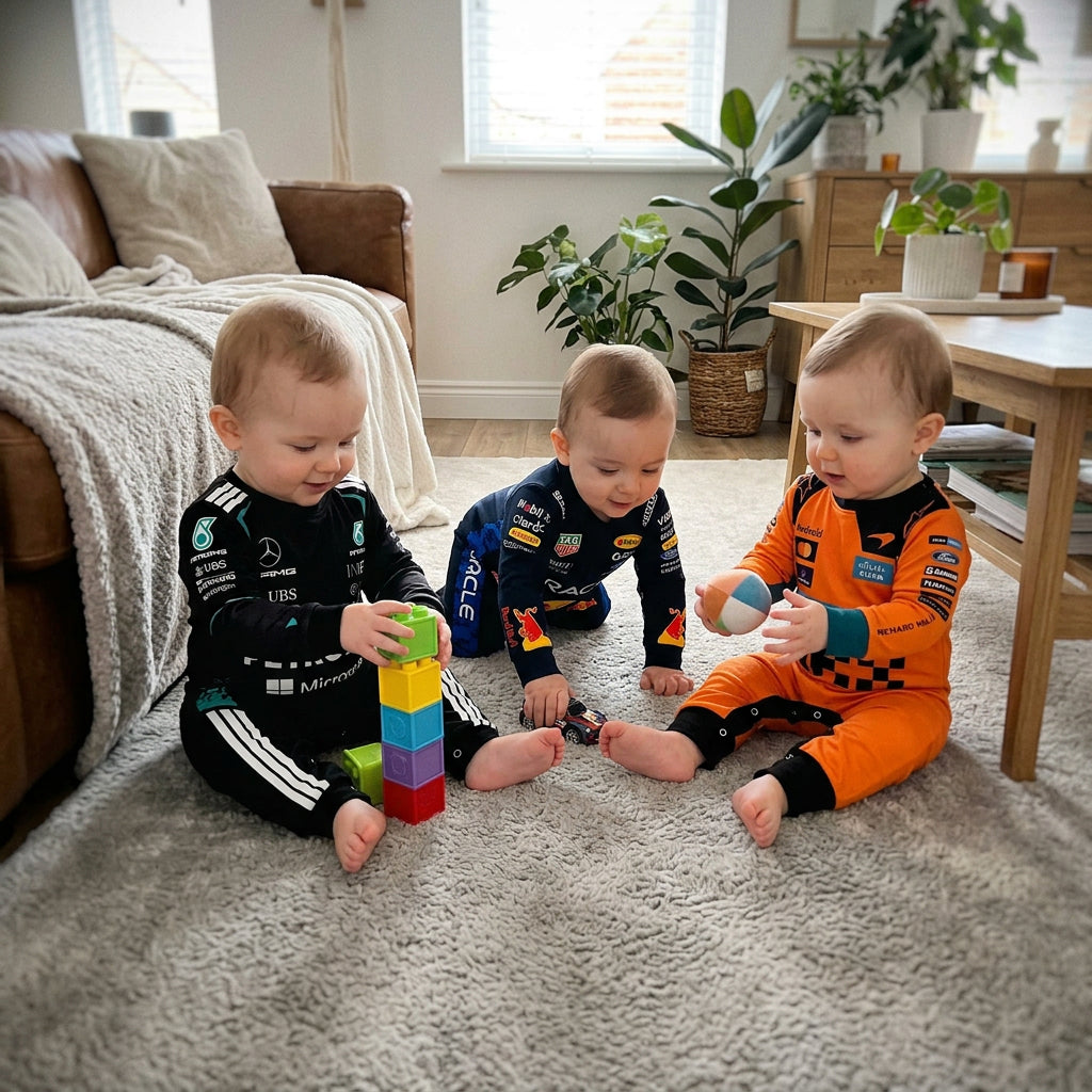 babies dressed in formula 1 themed - mclaren, red bull and mercedes onesie jumpsuit on the carpet floor playing with toys