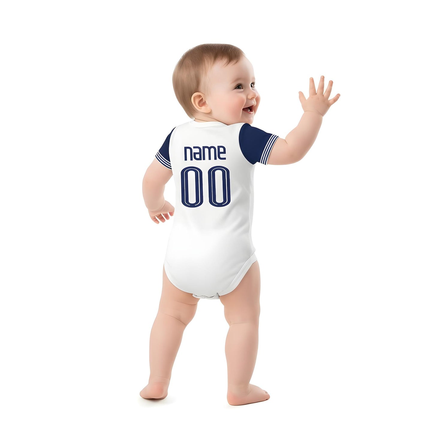 baby wearing a personalzied tottenham hotspur onesie backshot on white backdrop