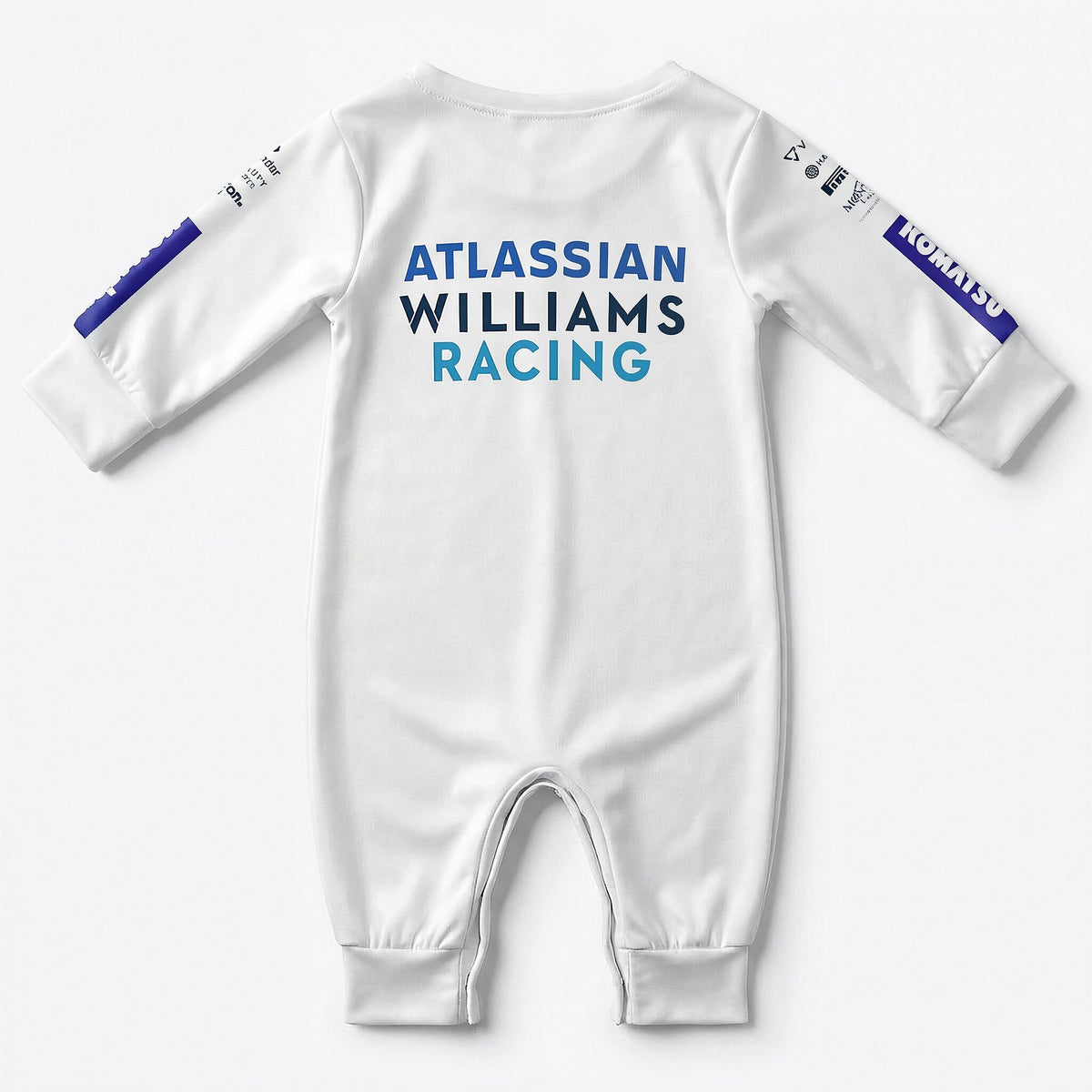 Williams 2025 F1 baby jumpsuit onesie back view with Atlassian Williams Racing team lettering