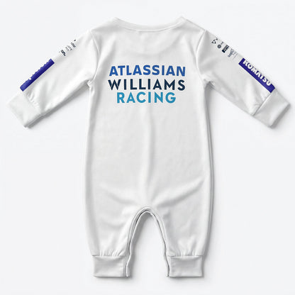 Williams 2025 F1 baby jumpsuit onesie back view with Atlassian Williams Racing team lettering