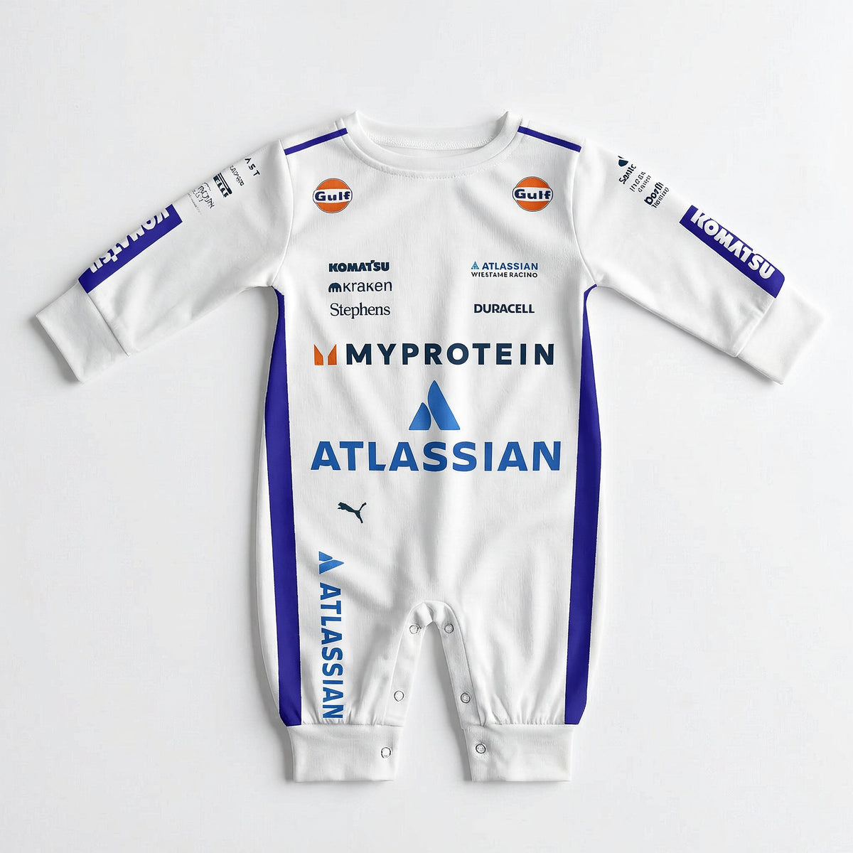 Williams 2025 F1 baby jumpsuit onesie front view white with Atlassian, Gulf and MyProtein team sponsor logos
