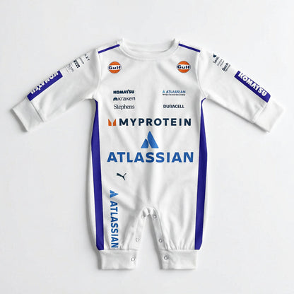 Williams 2025 F1 baby jumpsuit onesie front view white with Atlassian, Gulf and MyProtein team sponsor logos