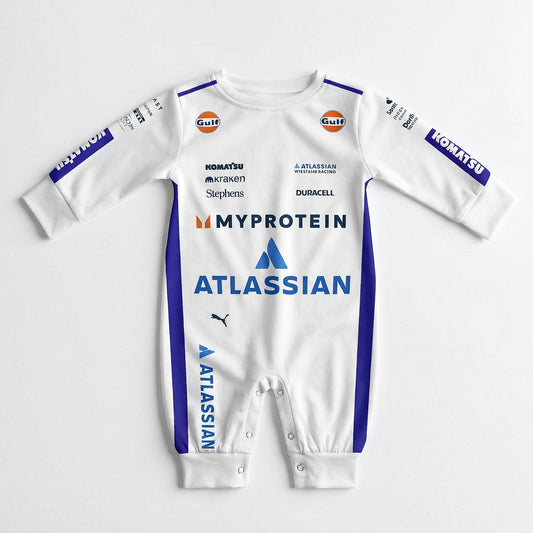 Williams 2025 F1 baby jumpsuit onesie front view white with Atlassian, Gulf and MyProtein team sponsor logos