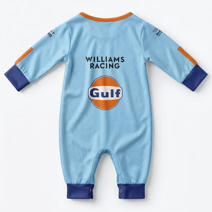 Williams Gulf special edition baby onesie jumpsuit back view with Williams Racing text and Gulf logo