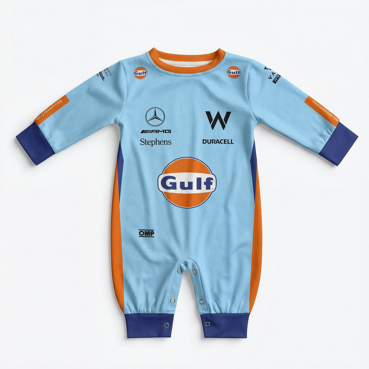 Williams Gulf special edition baby onesie jumpsuit front view with Gulf logo and F1 sponsor prints