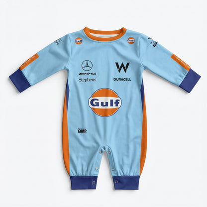 Williams Gulf special edition baby onesie jumpsuit front view with Gulf logo and F1 sponsor prints